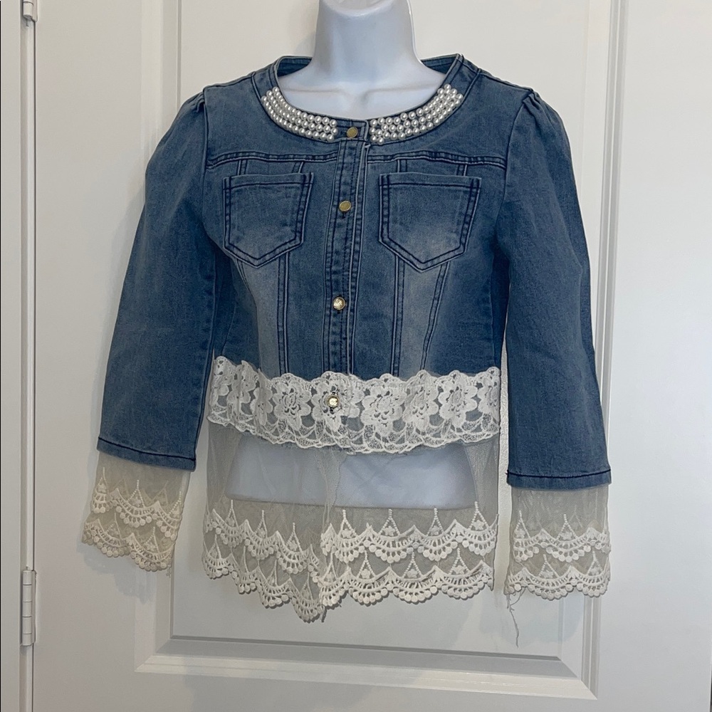 Sale! ☄️ Denim Jacket with Lace and Pearl Details
